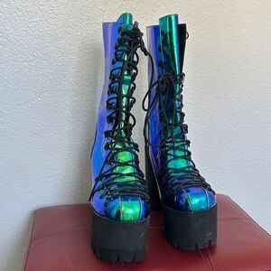 Holographic Lace-Up Platform Boots Club Exx Festival Season a Few Blemishes